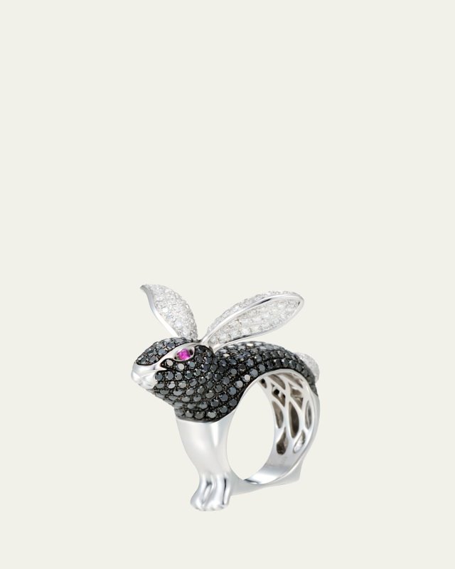 18k White Gold Black and White Diamond Bunny Ring